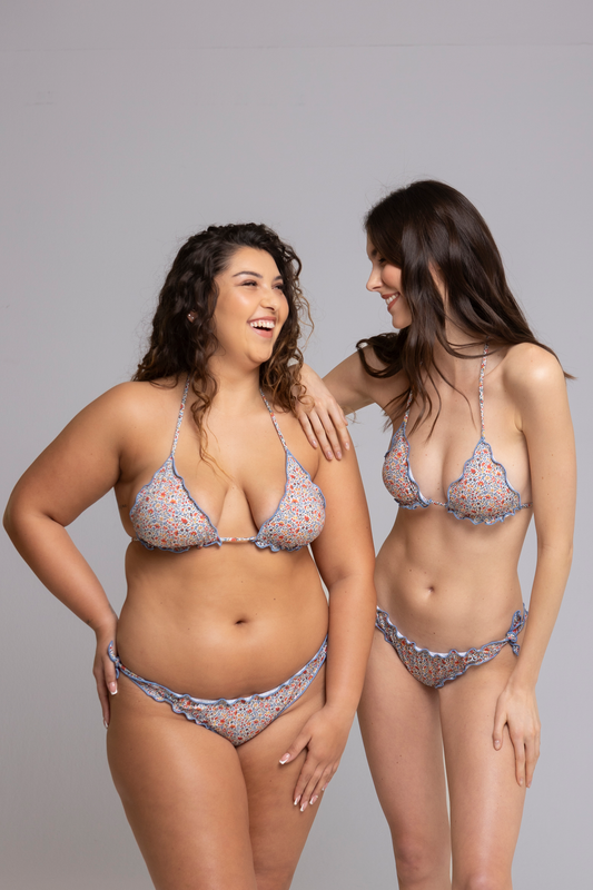 models are wearing Fru Fru Blue Floral Fantasy Triangle Bikini Set - front view - one in size small, one in size large