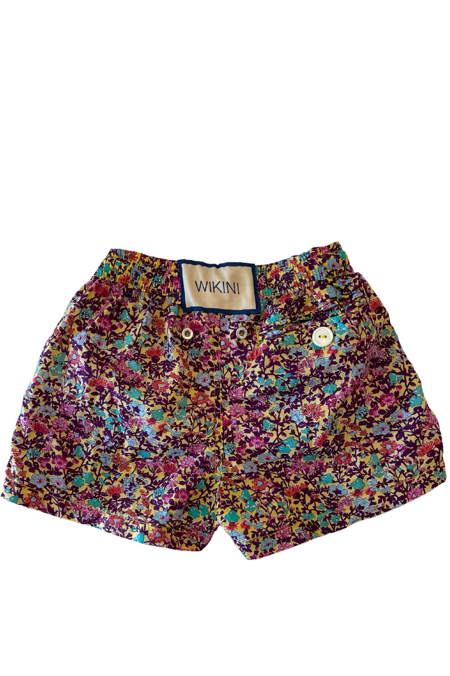 Beach Kids Woxer Floral Yellow Print - featuring elastic waistband, side pockets, and back buttoned pocket - back view