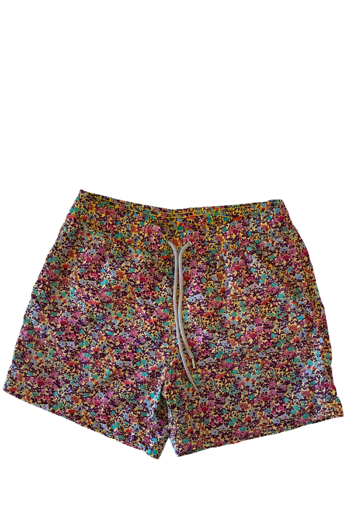 Beach Man Woxer Floral Yellow Print - featuring elastic waistband, side pockets, and back buttoned pocket - front view