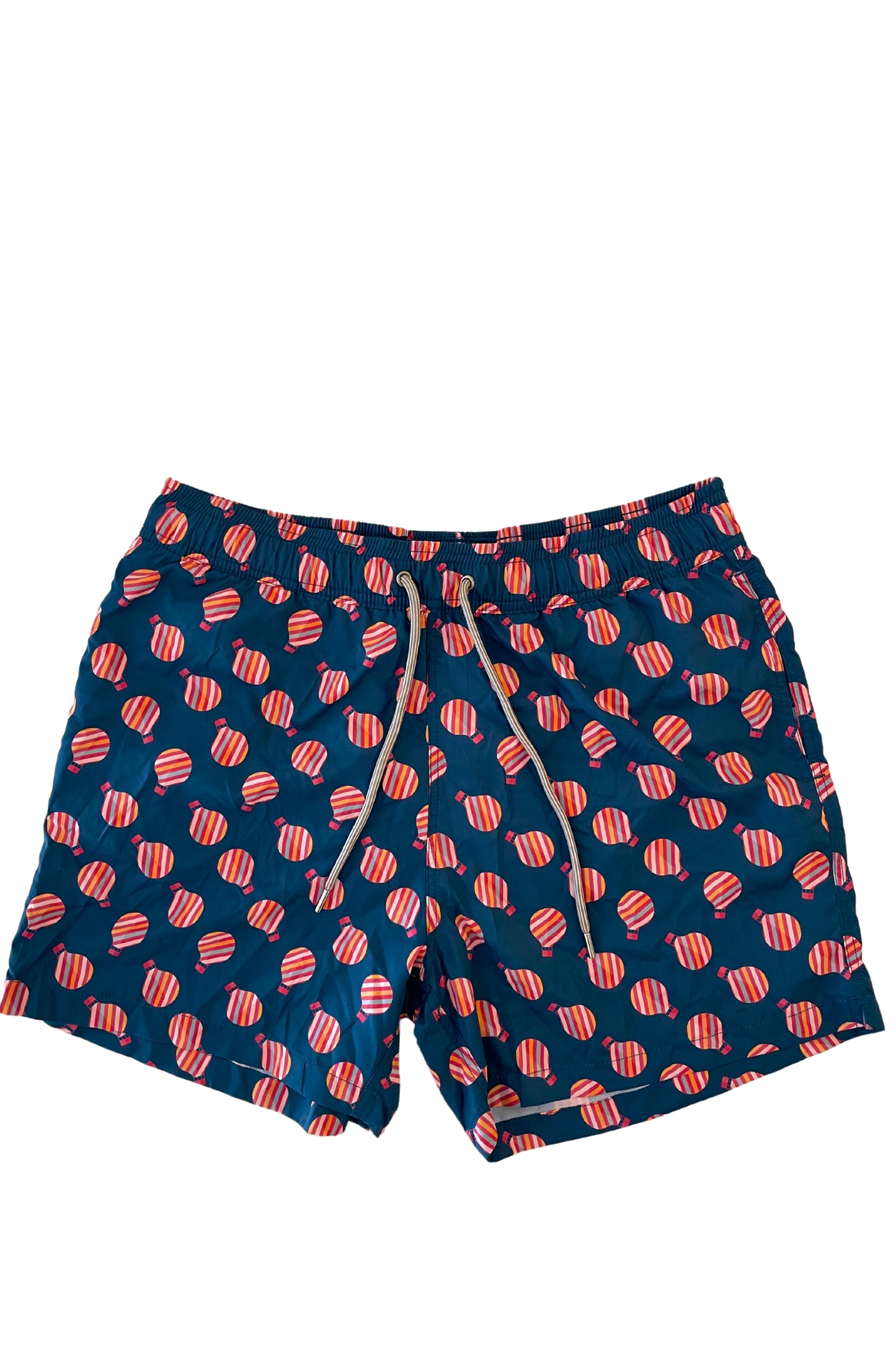 Beach Man Woxer Hot Air Balloon Print - featuring elastic waistband, side pockets, and back buttoned pocket - front view