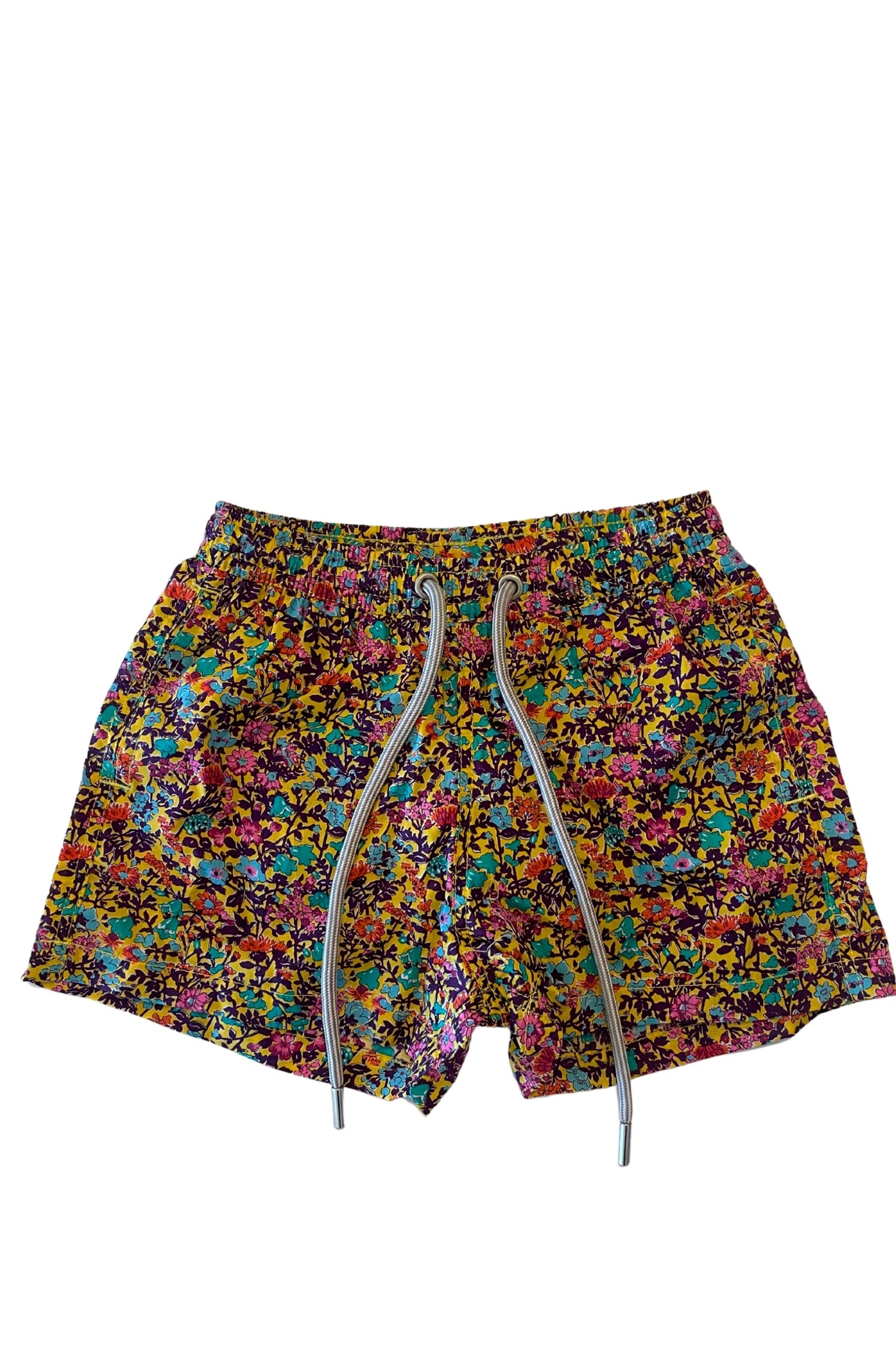 Beach Kids Woxer Floral Yellow Print - featuring elastic waistband, side pockets, and back buttoned pocket - front view