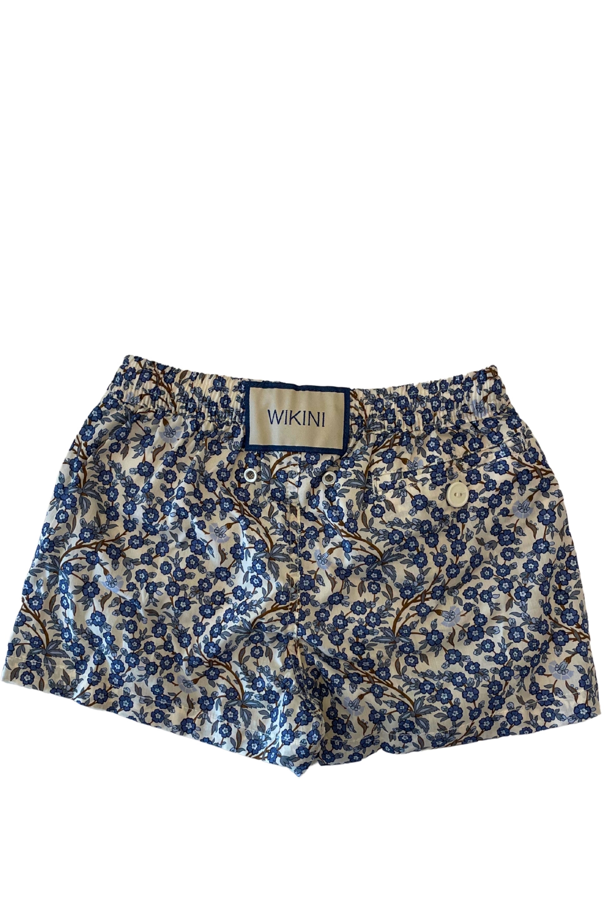 Beach Kids Woxer Floral Blue Print - featuring elastic waistband, side pockets, and back buttoned pocket - back view