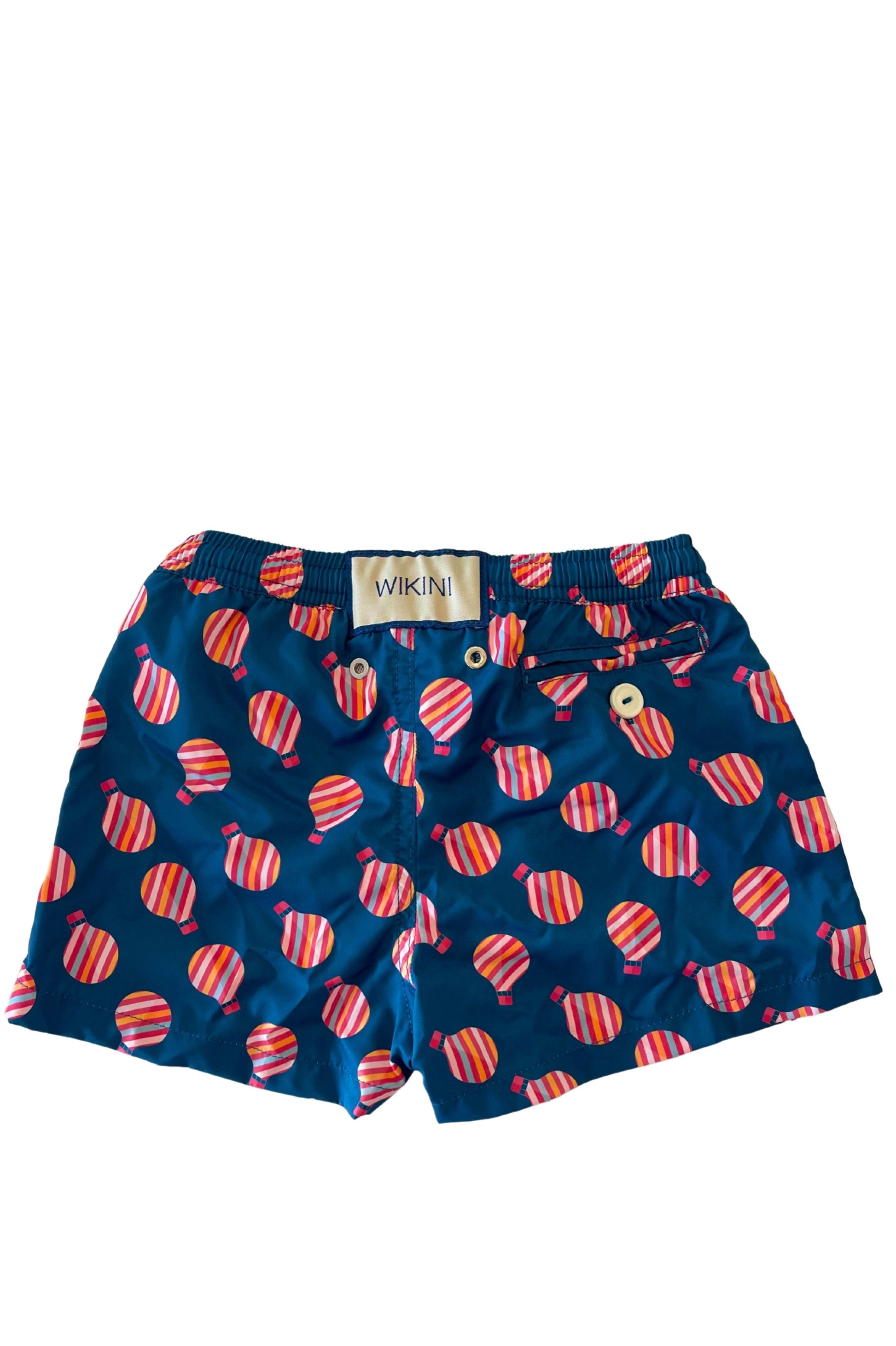 Beach Kids Woxer Hot Air Balloon Print - featuring elastic waistband, side pockets, and back buttoned pocket - back view