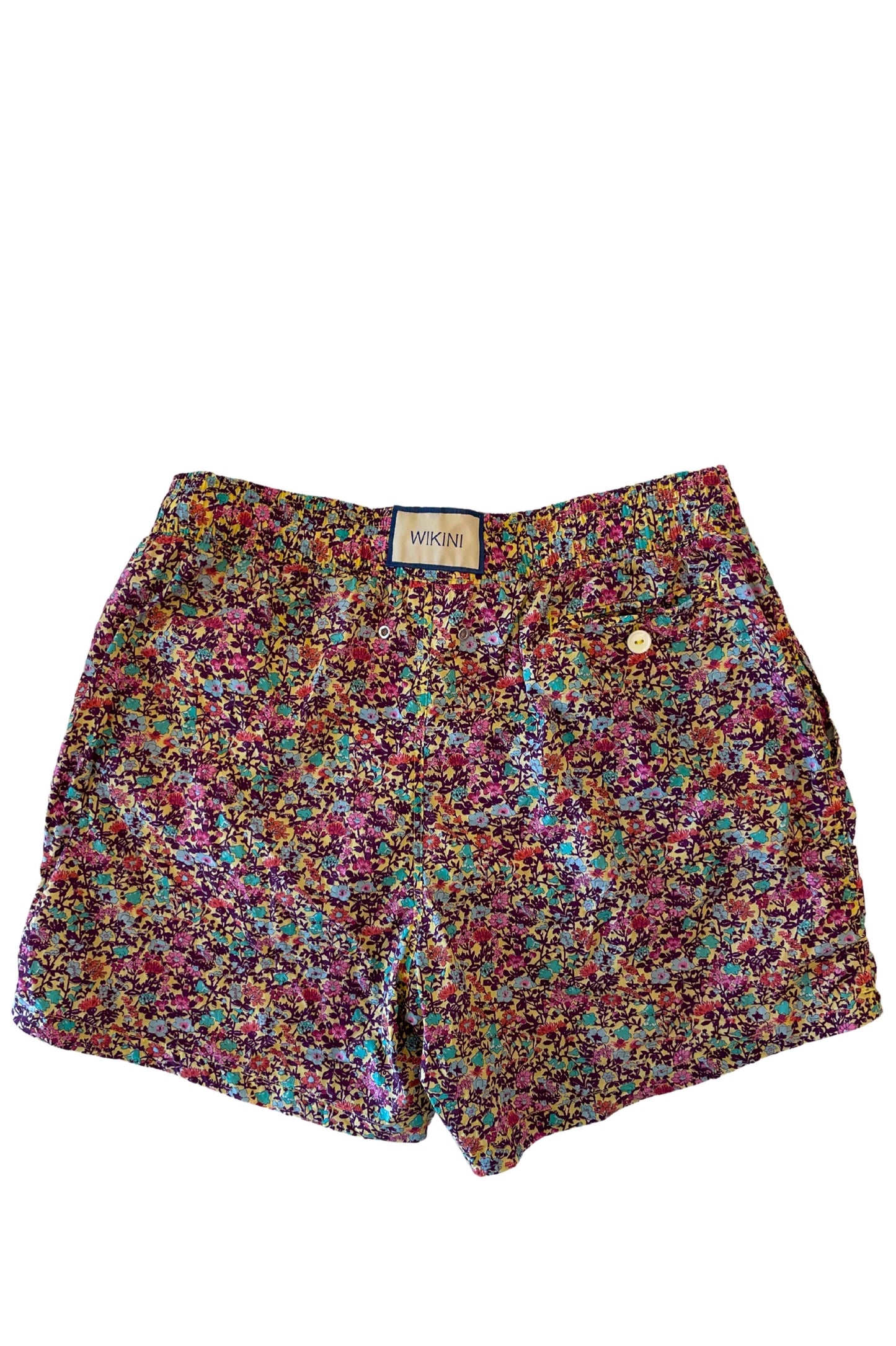 Beach Man Woxer Floral Yellow Print - featuring elastic waistband, side pockets, and back buttoned pocket - back view