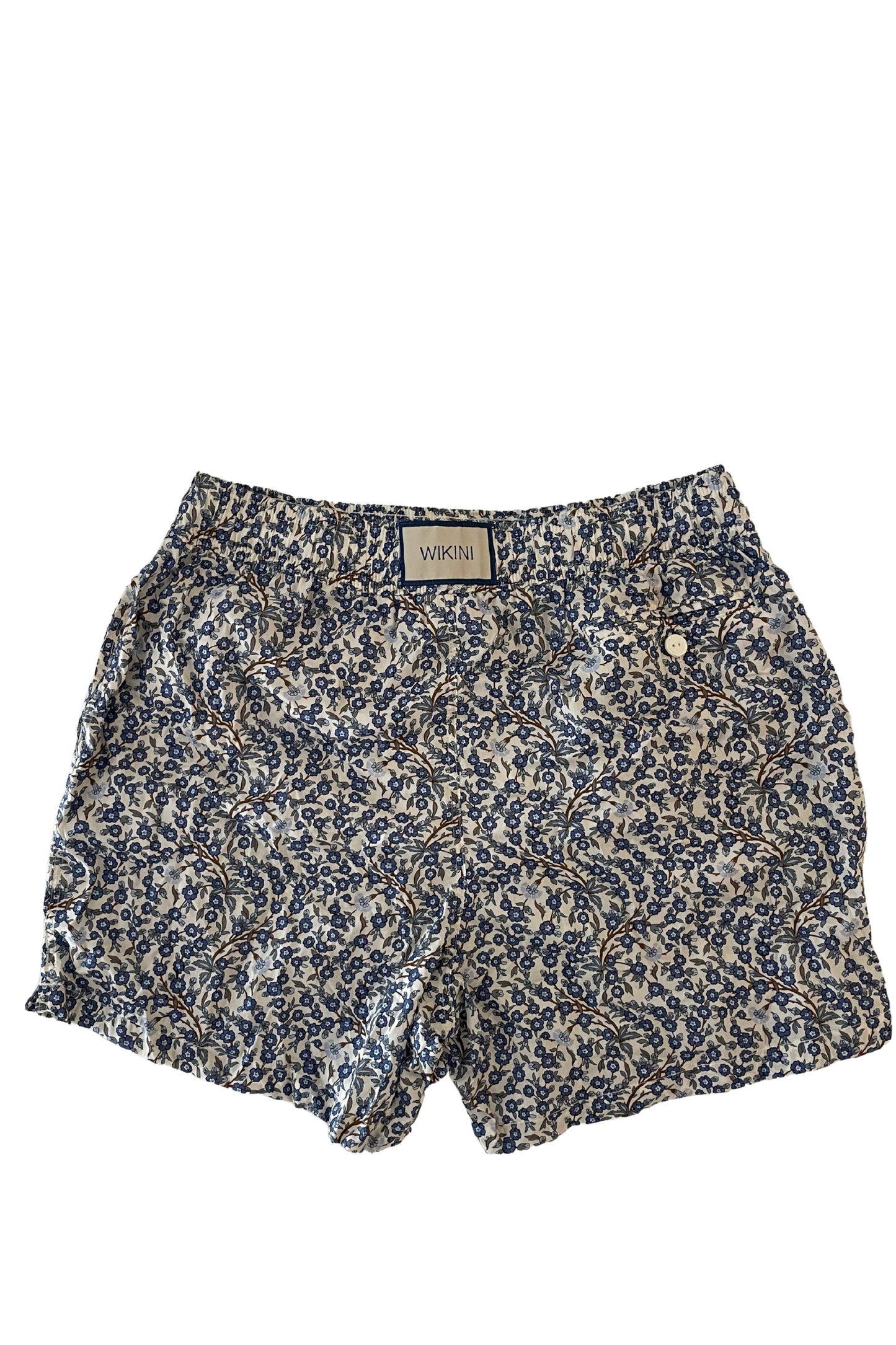 Beach Man Woxer Floral Blue Print - featuring elastic waistband, side pockets, and back buttoned pocket - back view
