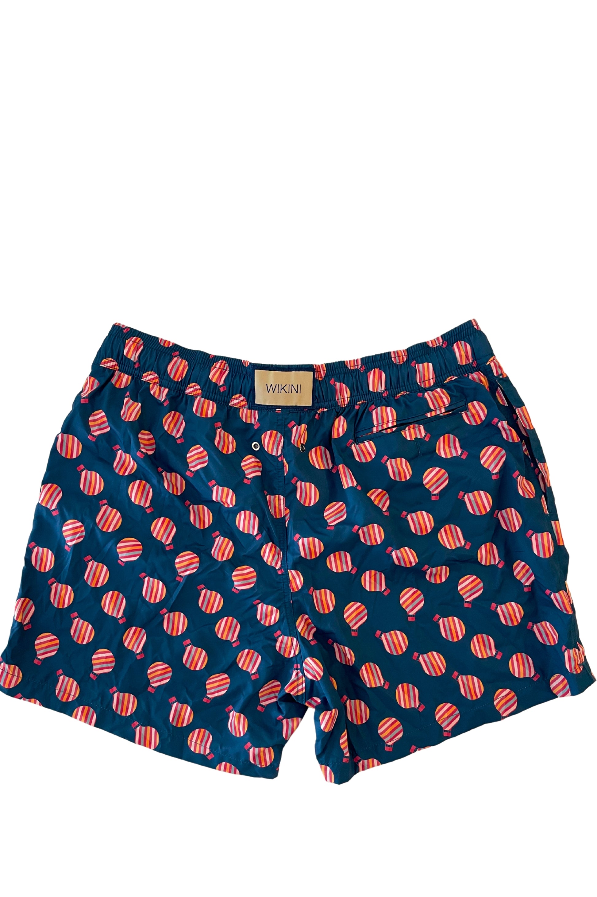 Beach Man Woxer Hot Air Balloon Print - featuring elastic waistband, side pockets, and back buttoned pocket - back view